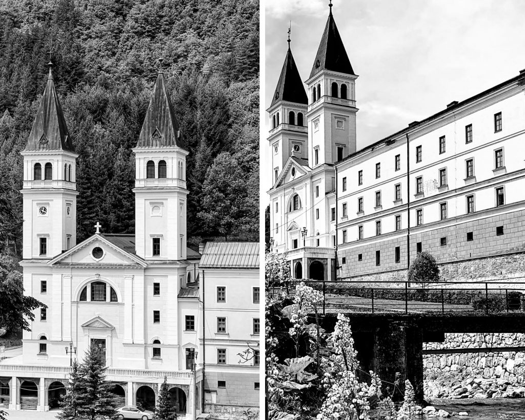 Crno-bijeli prikazi sutješke crkve i samostana