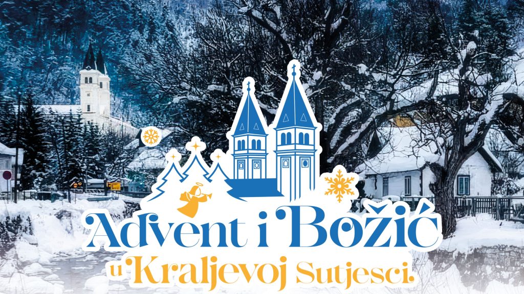 Najavni vizual Adventa i Božića u Kraljevoj Sutjesci 2025., sa zimskim prizorom i motivom crkvenih zvonika
