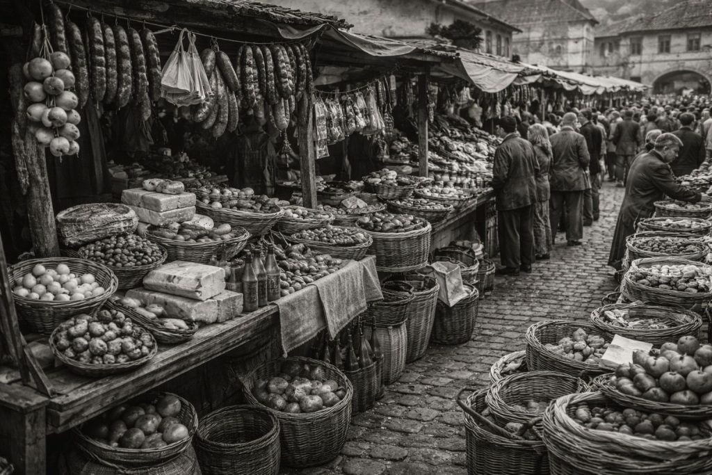 Crno-bijela ilustracija starog pazara s kupcima i štandovima s hranom
