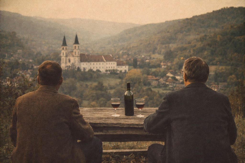 Ilustracija dvojice muškaraca za stolom s vinom, uz pogled na franjevački samostan u Kraljevoj Sutjesci