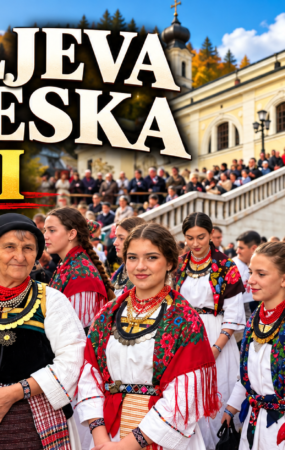 Promotivna ilustracija vloga Kraljeva Sutjeska slavi s motivima narodnih nošnji i samostana