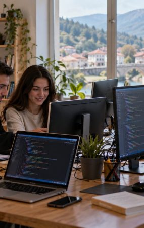 Ilustrativni prikaz mladih u digitalnom radnom prostoru